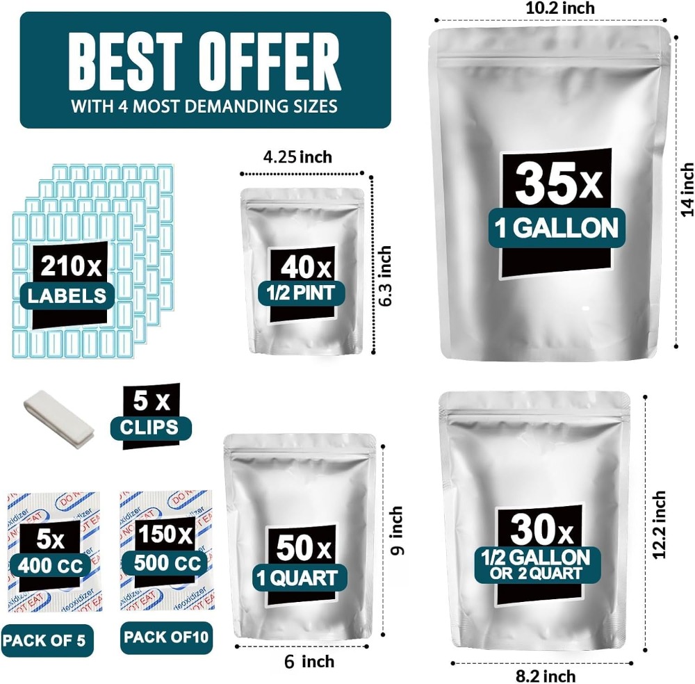 155 كيس مايلر مع 155 ممتص للأك - مراجعة Food Storage For Long Term وسعره